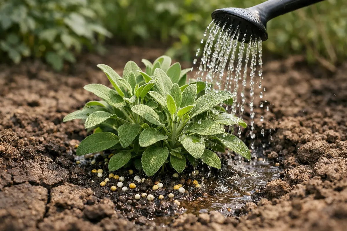 Step 3 – Water Sage with Balanced Nutrients Why is my sage dying after being planted in clay soil Section illustration.