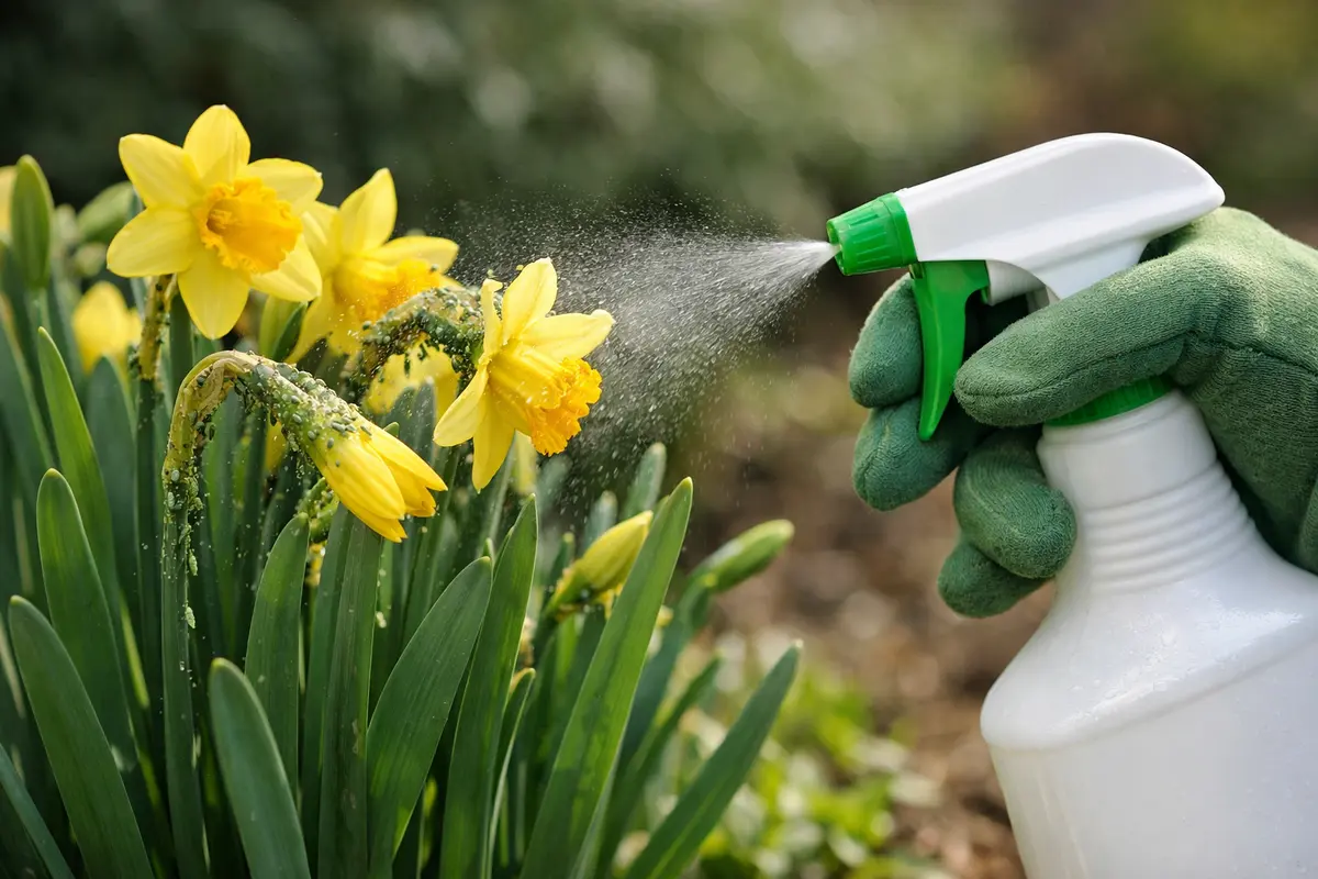 Step 1 – Spray Daffodils with Insecticidal Soap How to stop aphids on daffodil plants during blooming Section illustration.