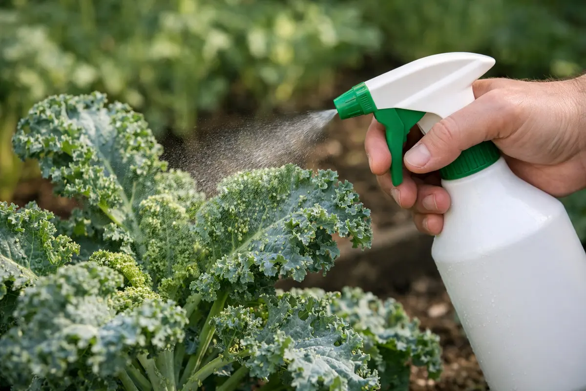 Step 1 – Spray Insecticidal Soap on Kale Leaves How to stop aphids on kale plants during summer Section illustration.