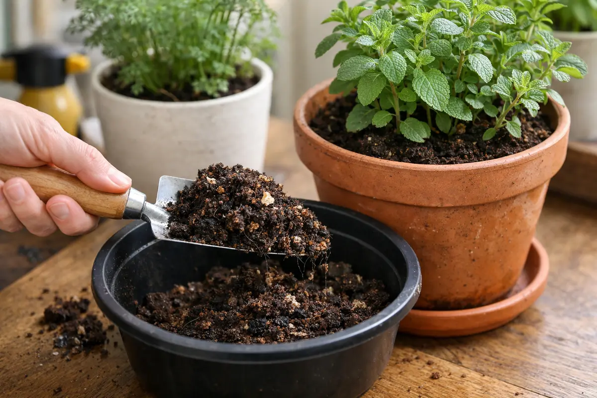 Step 1 – Scoop Out Infested Soil from Pots How to stop fungus gnat infestations in indoor herbs Section illustration.
