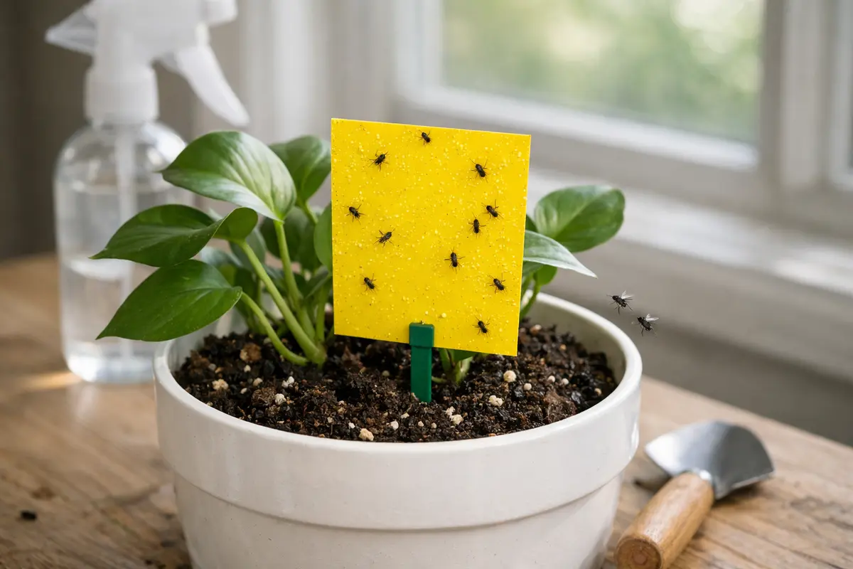 Step 1 – Trap Fungus Gnats with Sticky Cards How to stop fungus gnats in soil of indoor plants during winter Section illustra