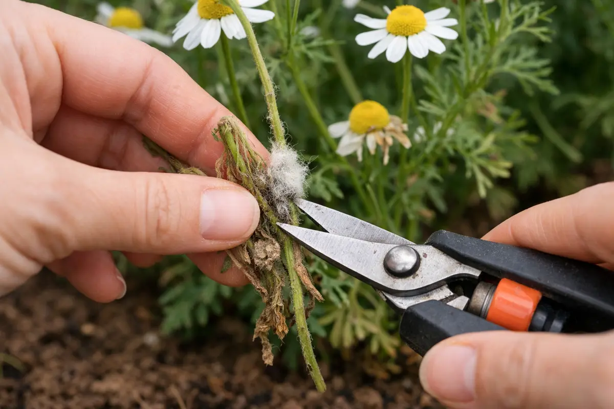 Step 1 – Trim Affected Chamomile Stems Immediately How to stop mold on chamomile after excessive humidity Section illustratio