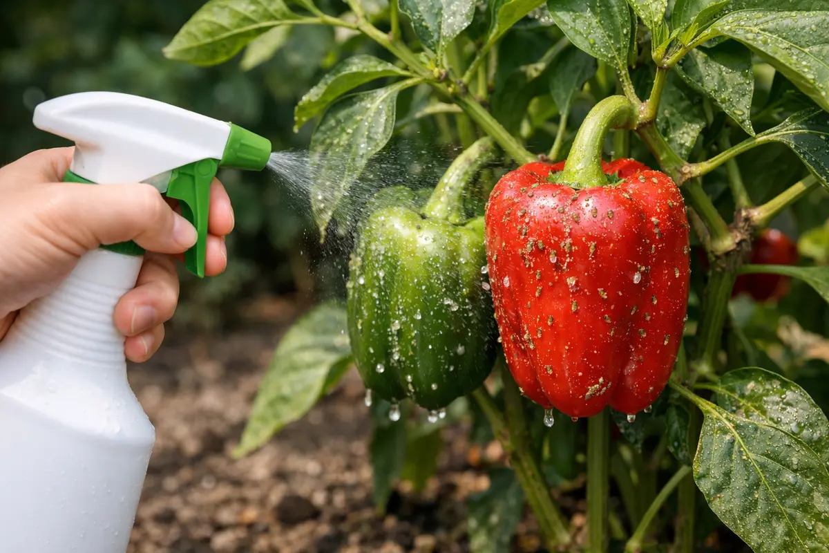 Step 1 – Spray Insecticidal Soap on Affected Bell Peppers How to stop pests on bell peppers during fruiting Section illustrat