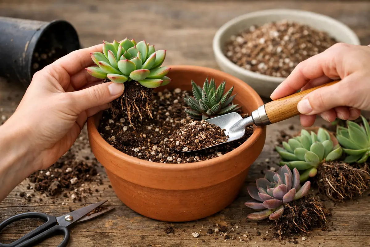 Step 3 – Repot Succulents into Fresh, Dry Soil How to stop root rot in indoor succulent arrangements Section illustration.