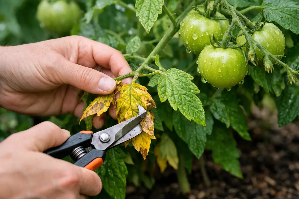 Step 1 – Trim Yellowing Tomato Leaves Promptly What to do when tomato plants have yellow leaves after heavy rain Section illu