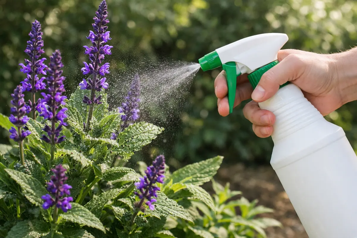 Step 1 – Spray Insecticidal Soap on Salvia Leaves How to treat aphids on salvia after spring blooming Section illustration.