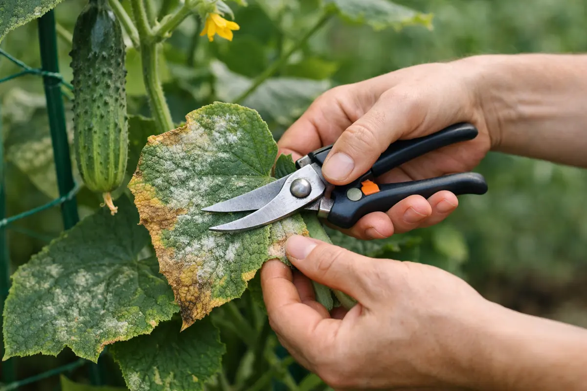 Step 3 – Trim Cucumber Leaves Affected by Mildew How to treat mildew on cucumber plants during humidity Section illustration.