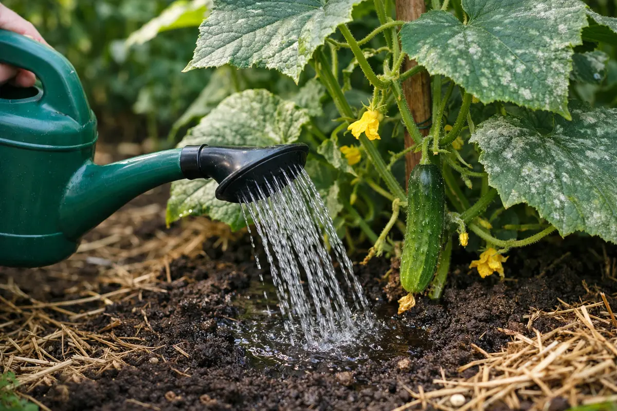 Step 4 – Water Cucumber Plants at Base to Reduce Humidity How to treat mildew on cucumber plants during humidity Section illu