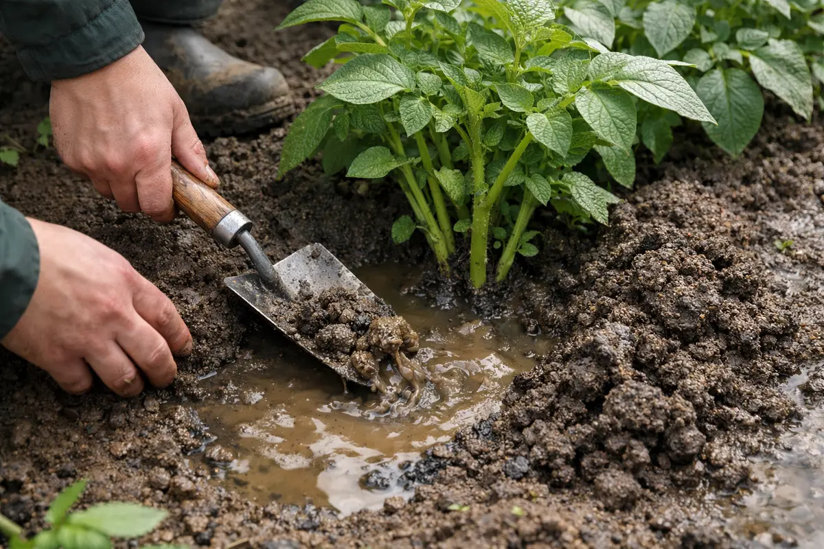 Step 1 – Clear Waterlogged Soil Around Potatoes How to treat root rot in potato plants after heavy rain Section illustration.