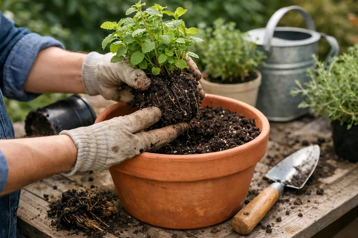 Step 3 – Replant Herbs in Fresh, Well-Drained Soil How to treat root rot in potted herbs after rain Section illustration.