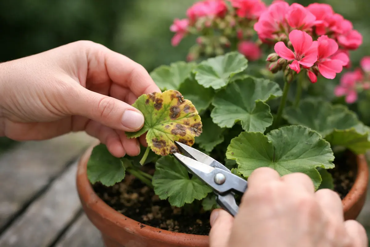 Step 1 – Remove Affected Geranium Leaves Immediately How to treat spots on geraniums after high humidity Section illustration