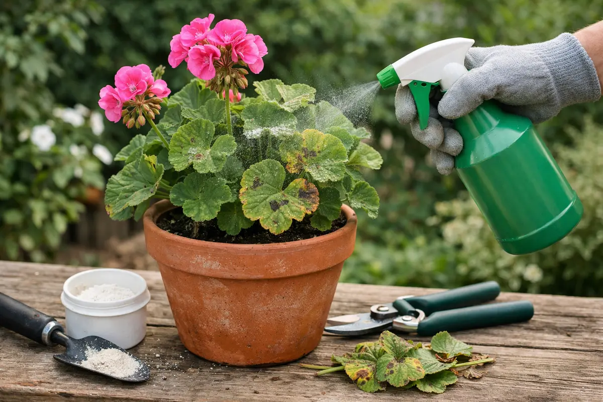 Step 3 – Treat Geraniums to Promote Healthy Growth How to treat spots on geraniums after high humidity Section illustration.