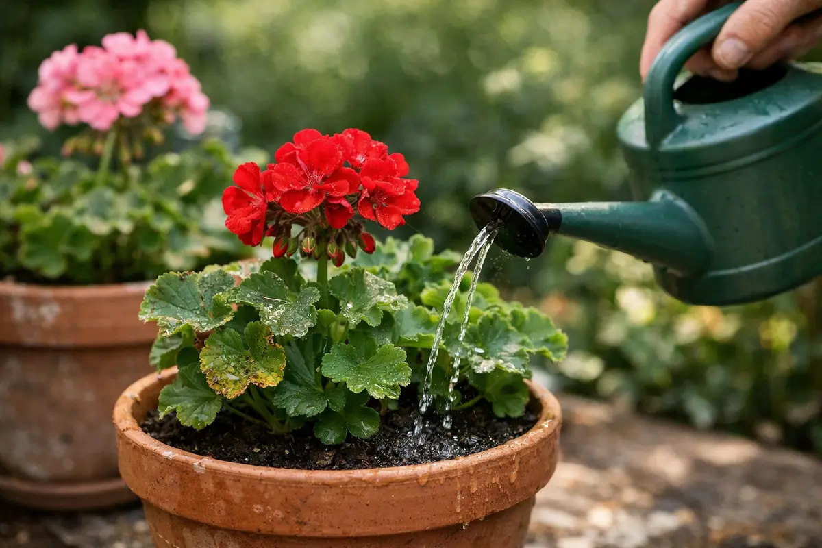 Step 4 – Water Geraniums Sparingly During Humid Days How to treat spots on geraniums after high humidity Section illustration