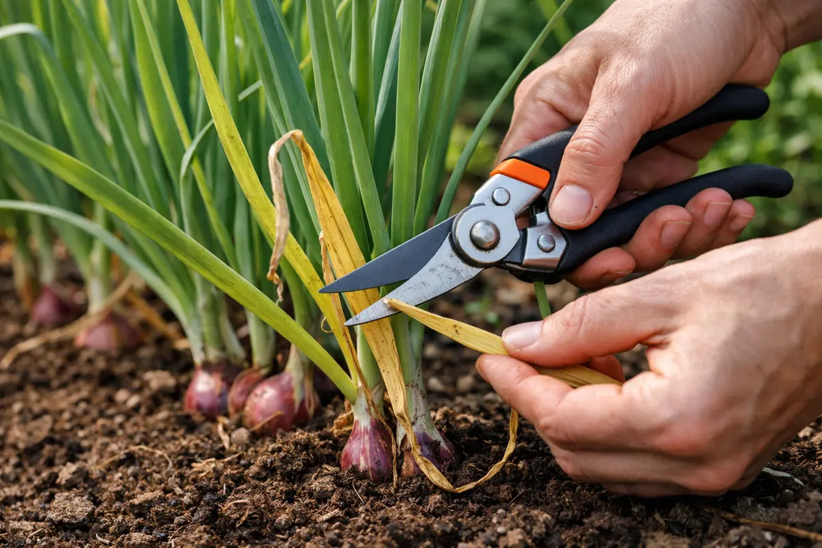 Step 1 – Trim Yellowing Shallot Leaves Immediately How to treat yellowing leaves on shallot plants while growing Section illu