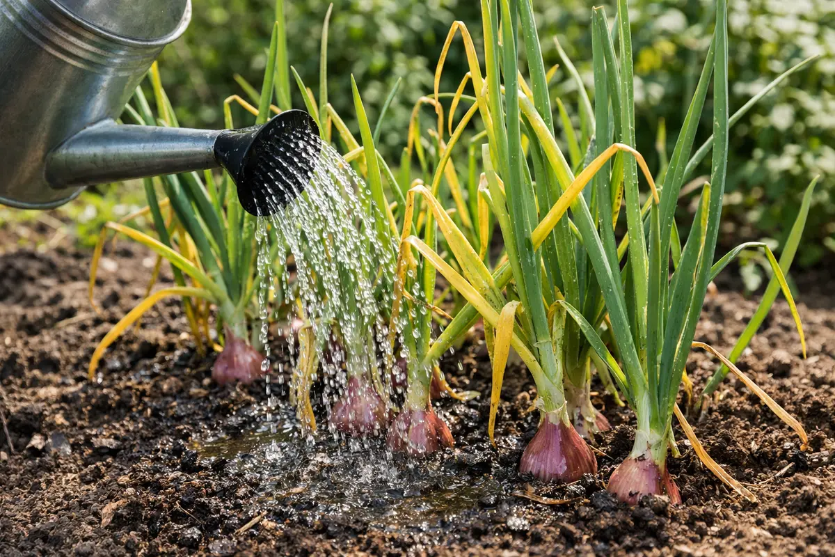 Step 3 – Water Shallots to Revive Yellowing Foliage How to treat yellowing leaves on shallot plants while growing Section ill