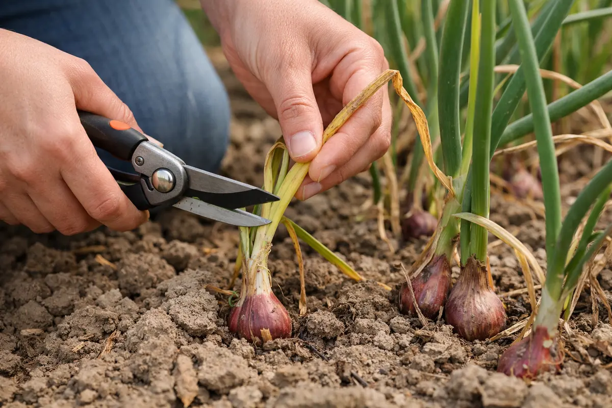 Step 1 – Trim Yellowing Shallot Leaves Promptly How to treat yellowing leaves on shallots in clay soil Section illustration.