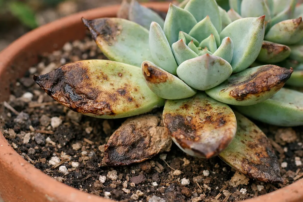 treating indoor succulent leaves turning with visible browning or spots on leaves