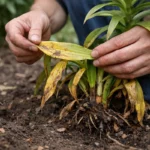 treating yellowing leaves on lily bulbs with damaged foliage in outdoor soil