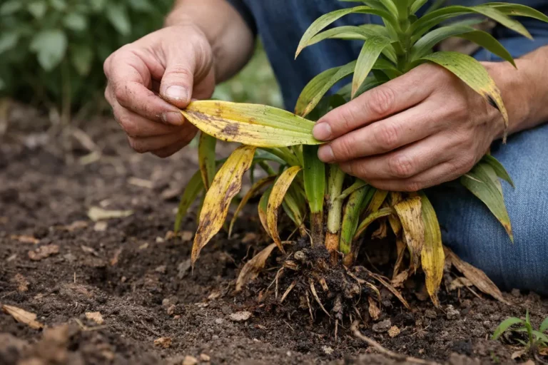 treating yellowing leaves on lily bulbs with damaged foliage in outdoor soil