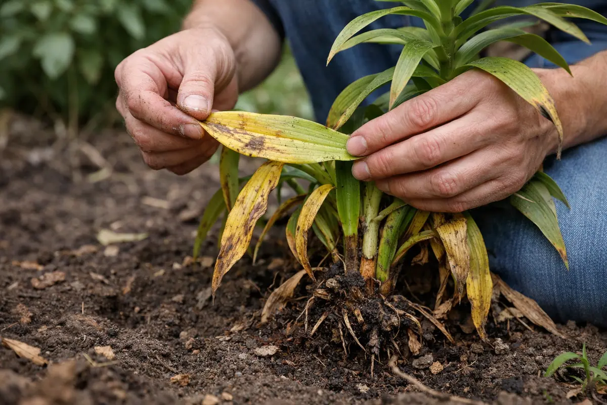 treating yellowing leaves on lily bulbs with damaged foliage in outdoor soil