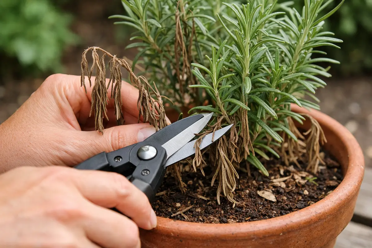Step 1 – Prune Wilted Rosemary Stems Immediately What to do when rosemary droops after transplant Section illustration.