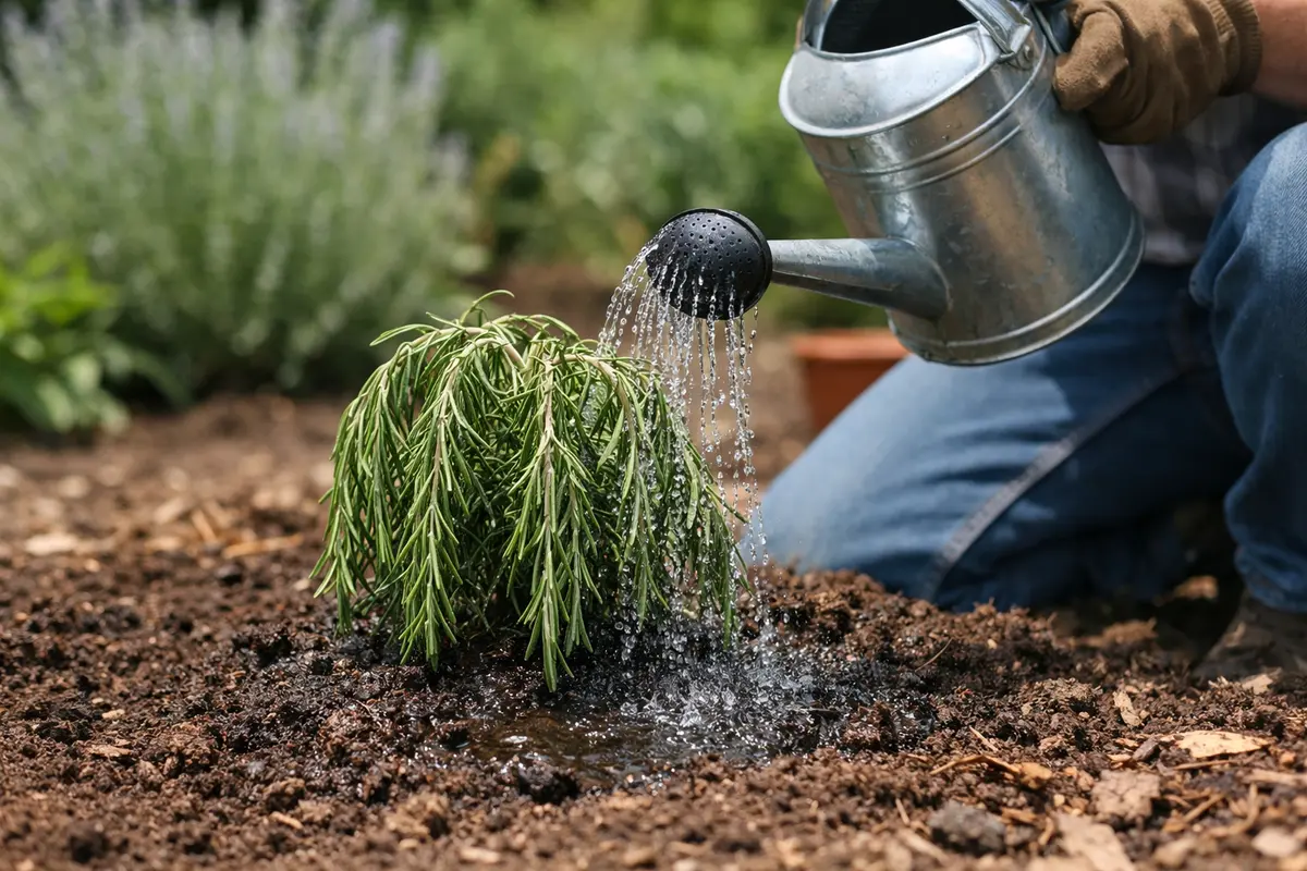 Step 3 – Water Rosemary Deeply for Quick Recovery What to do when rosemary droops after transplant Section illustration.