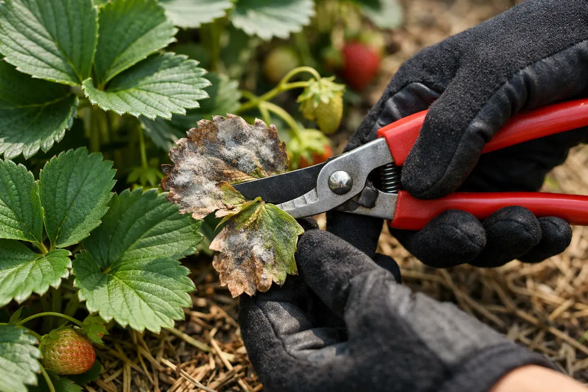 Step 1 – Prune Moldy Strawberry Leaves Immediately What to do when strawberry plants develop mold Section illustration.