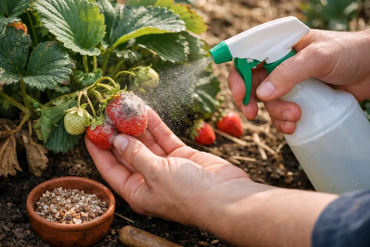 Step 3 – Apply Organic Treatment for Recovery What to do when strawberry plants develop mold Section illustration.