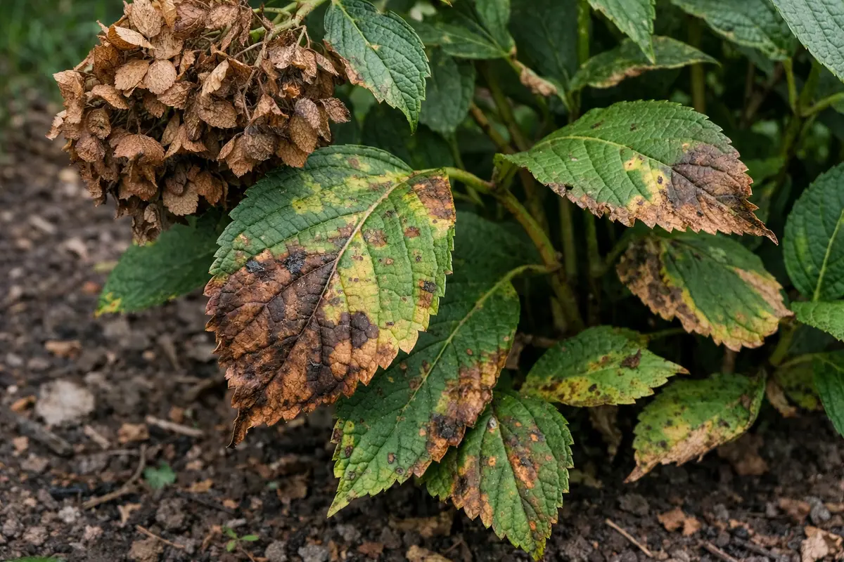 what to do when hydrangea with visible browning or spots on leaves