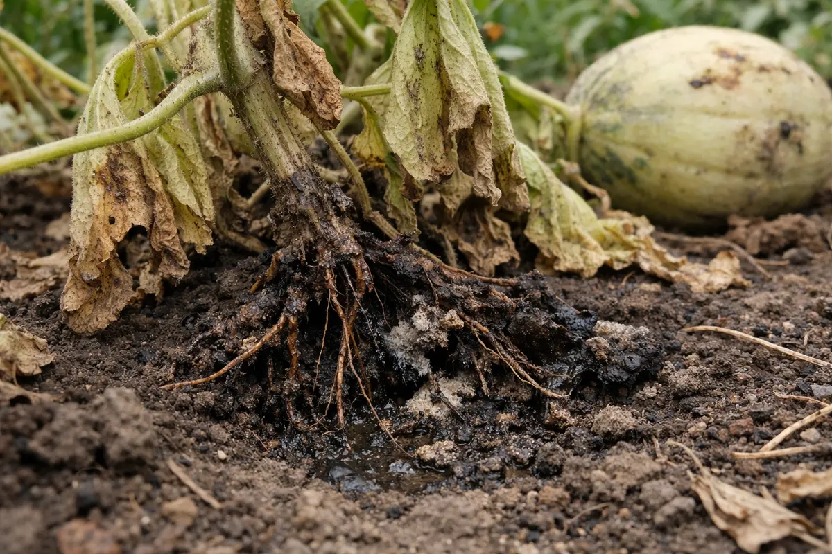 what to do when melon plants with unhealthy roots showing in soil