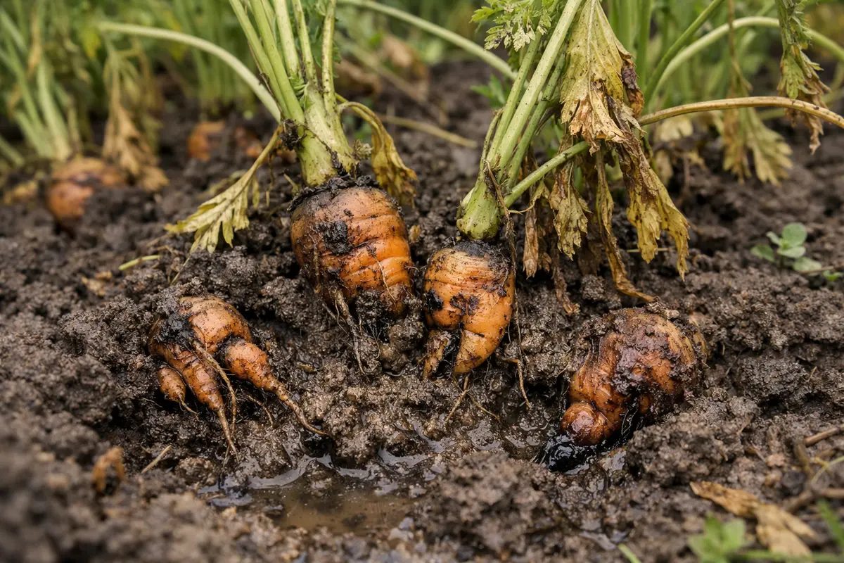 why are my carrots stunted after with unhealthy roots showing in soil