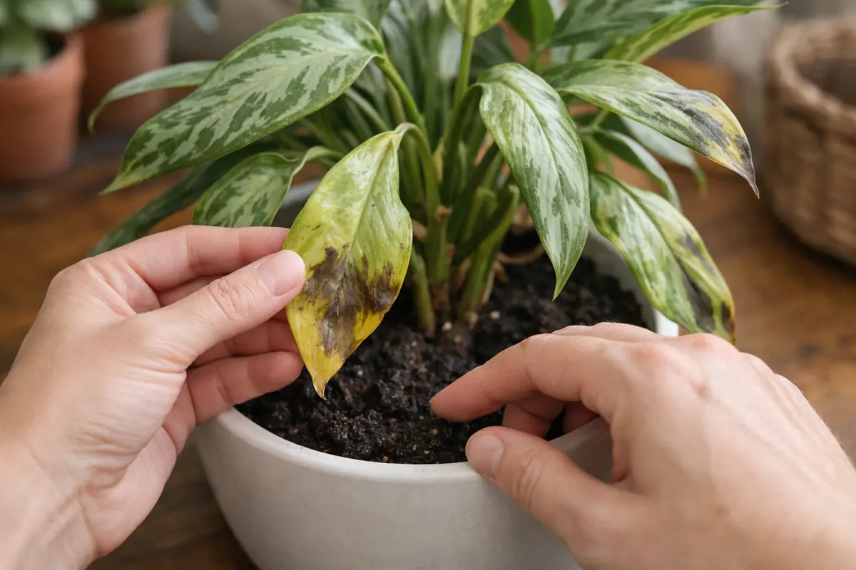 Step 1 – Check for Overwatered Chinese Evergreen Leaves Why is my Chinese evergreen wilting after overwatering Section illust