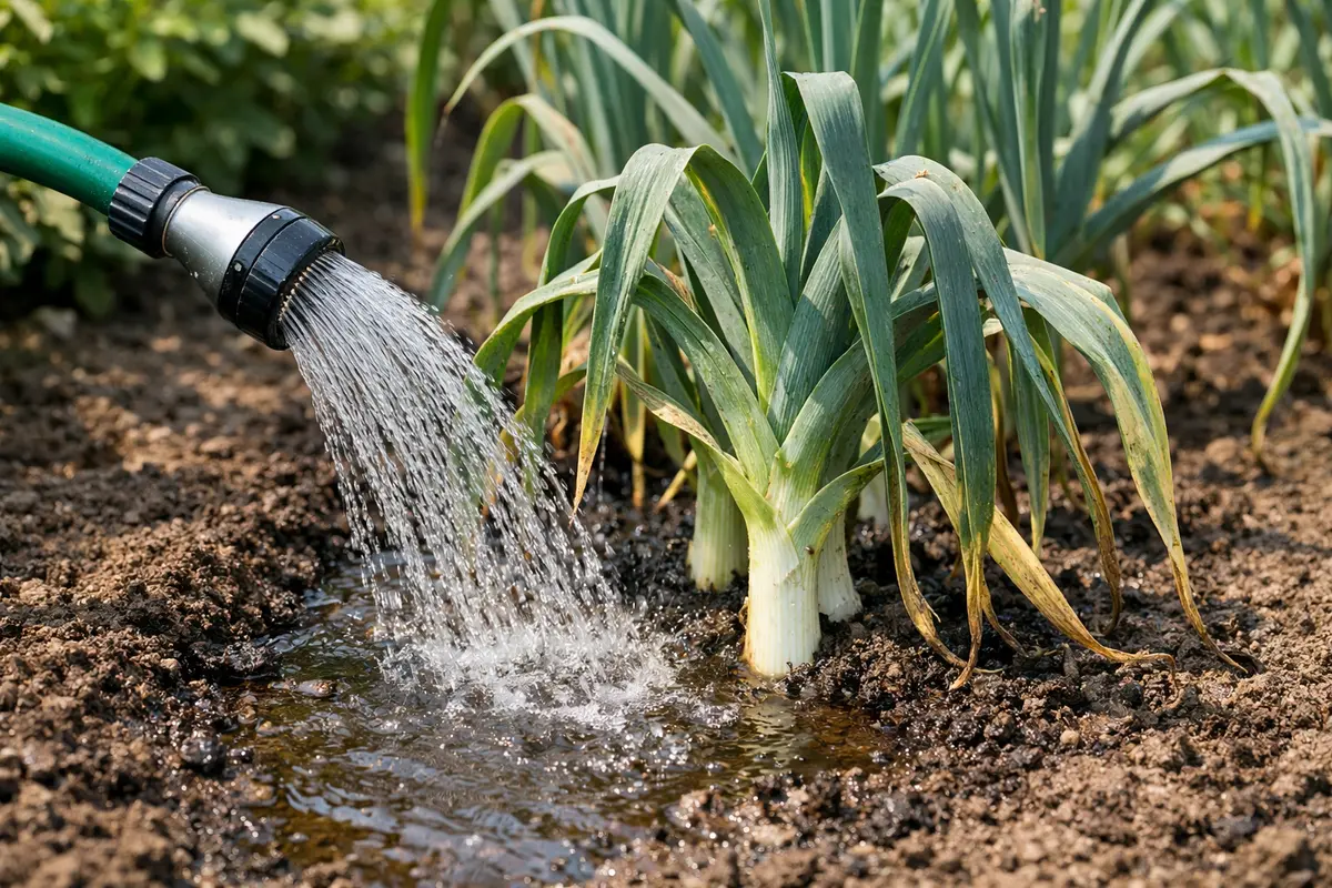Step 1 – Water Leeks Deeply to Alleviate Wilting Why is my leeks wilting during high temperatures Section illustration.