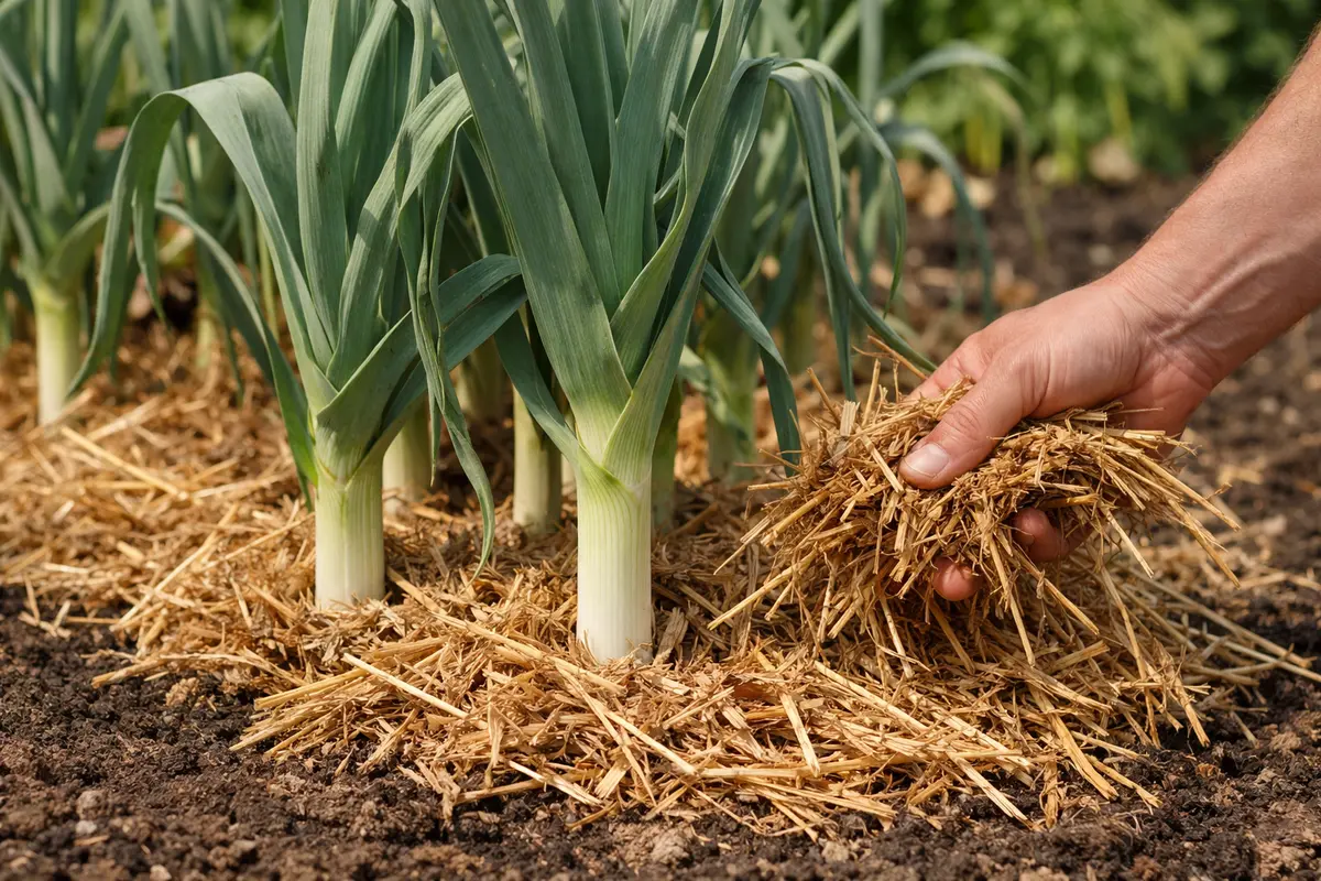 Step 3 – Mulch Around Leeks for Heat Recovery Why is my leeks wilting during high temperatures Section illustration.