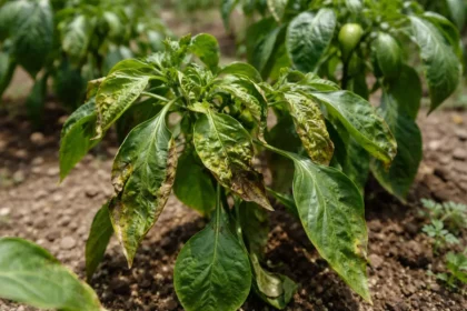 fixing curled leaves on pepper with visible browning or spots on leaves