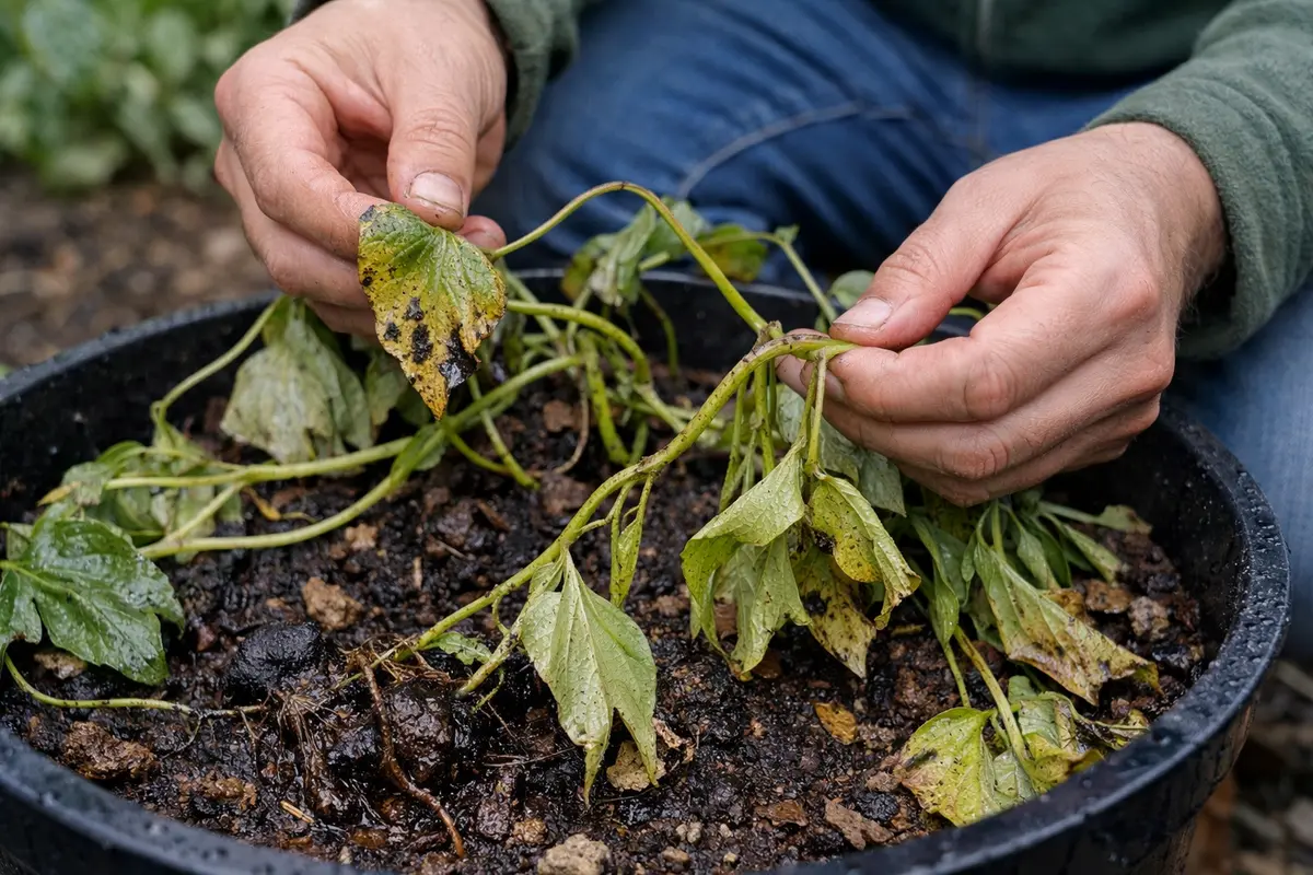 fixing drooping sweet potatoes in containers with damaged foliage in outdoor soil