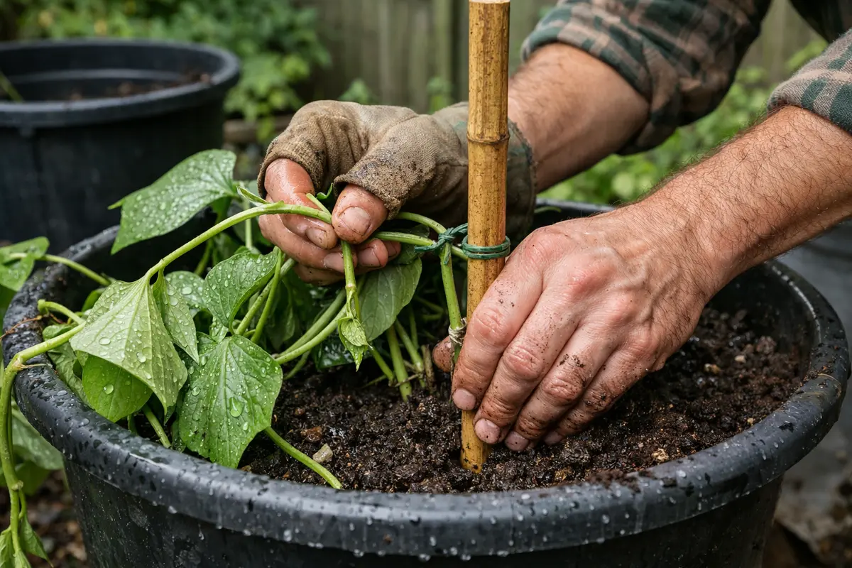 fixing drooping sweet potatoes in containers support sweet potatoes with stakes post-rain
