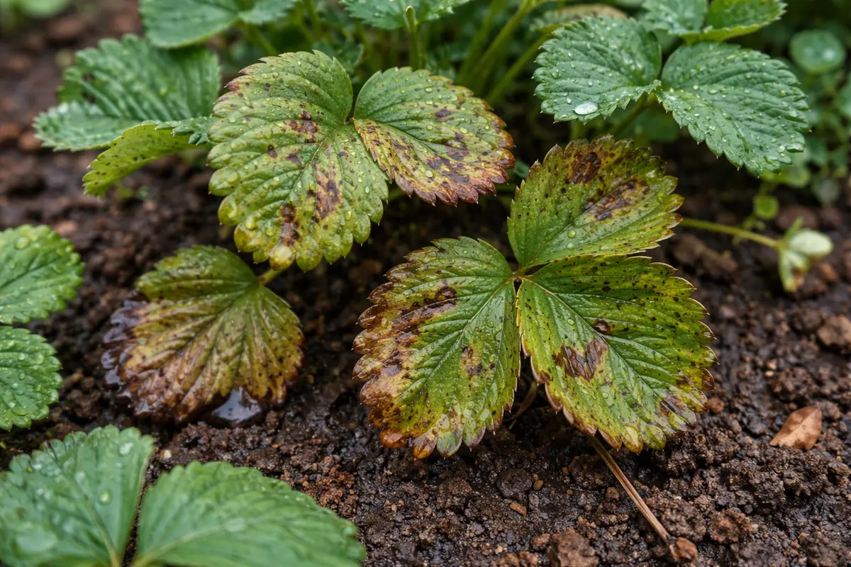 fixing leaf spots on strawberries with visible browning or spots on leaves