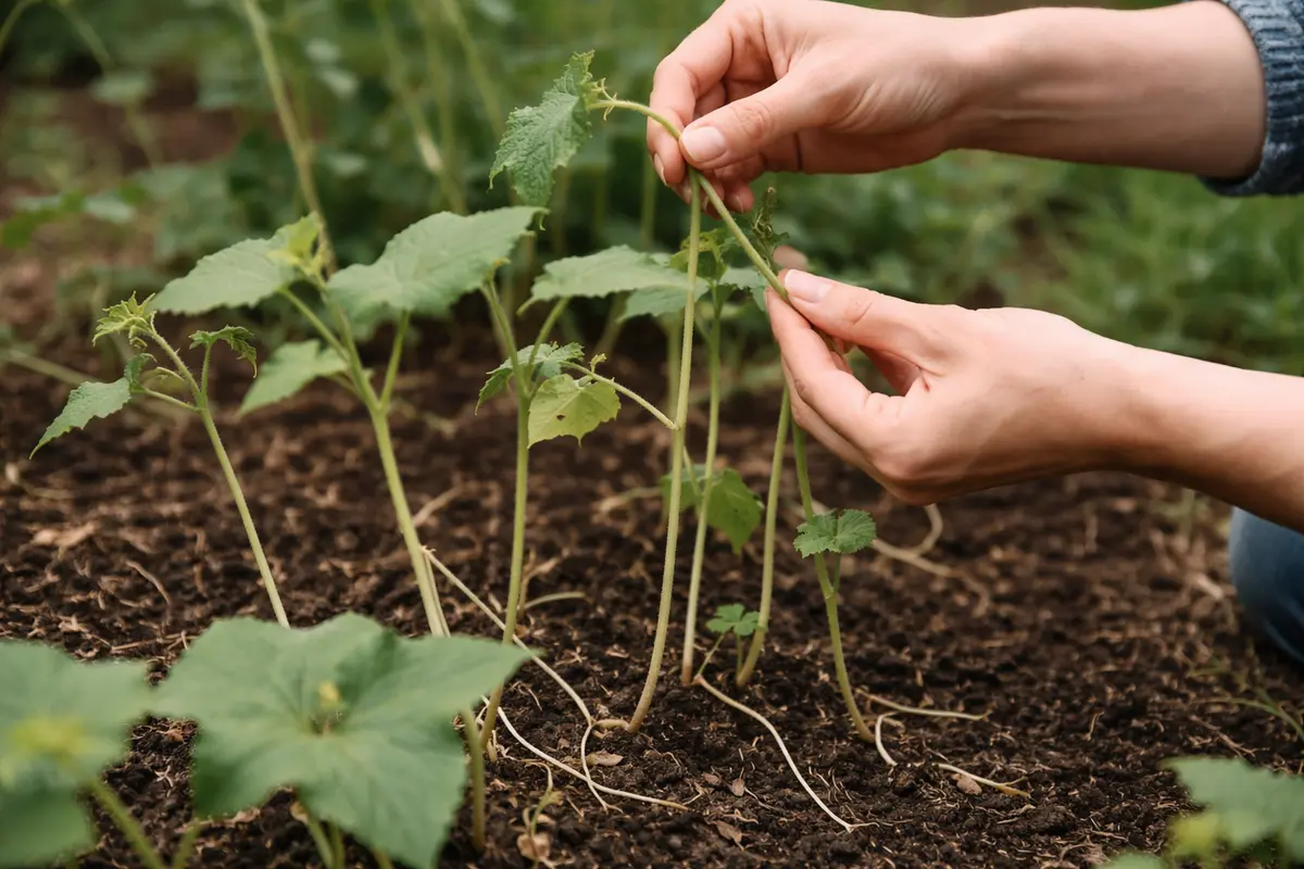 fixing leggy growth in cucumbers while with damaged foliage in outdoor soil