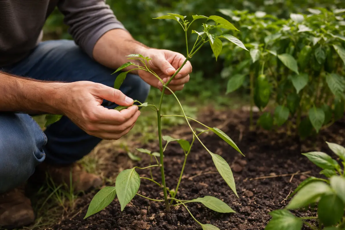 fixing leggy growth in indoor peppers with damaged foliage in outdoor soil