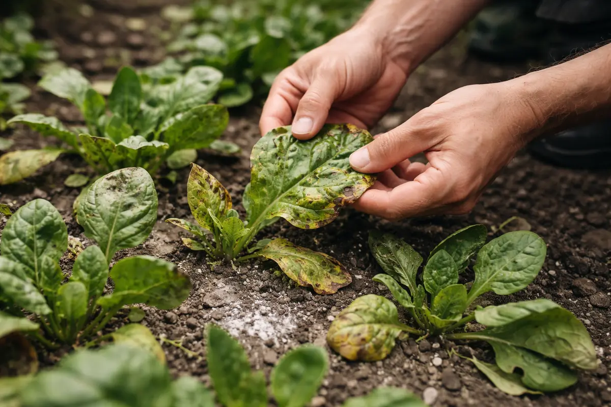 fixing stunted growth in spinach after with damaged foliage in outdoor soil