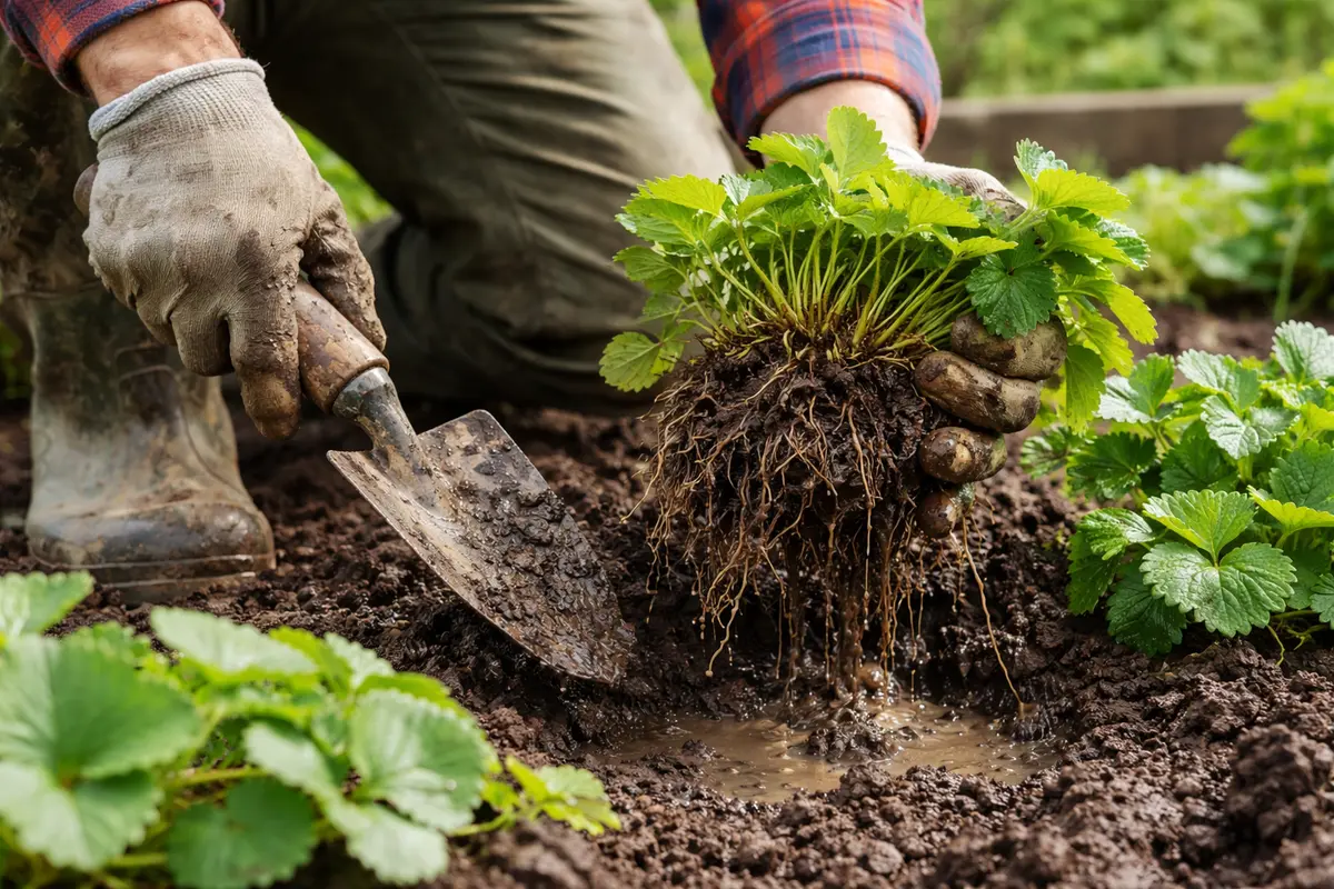 fixing stunted growth in strawberry plants from dig up waterlogged strawberry plants