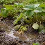fixing stunted growth in strawberry plants with wet soil around the base