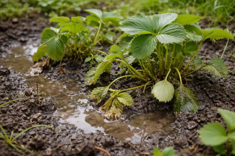 fixing stunted growth in strawberry plants with wet soil around the base