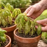 fixing wilting herbs in pots after with damaged foliage in outdoor soil