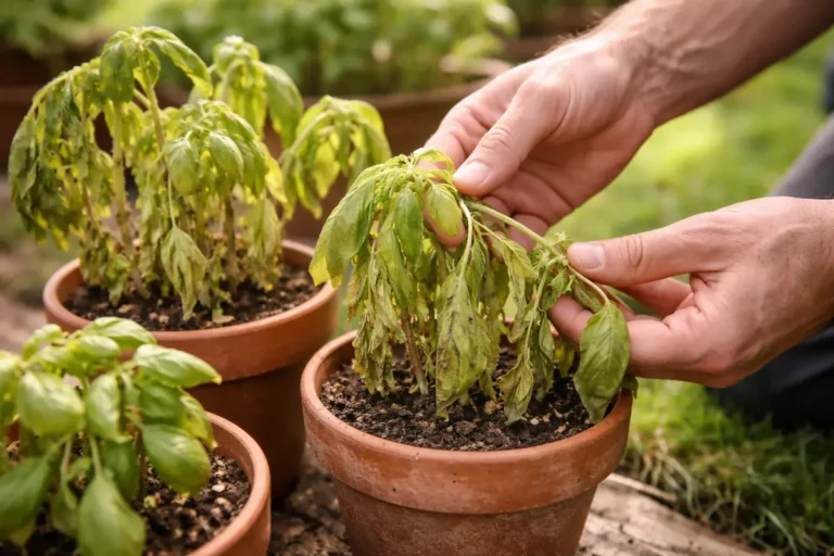 fixing wilting herbs in pots after with damaged foliage in outdoor soil