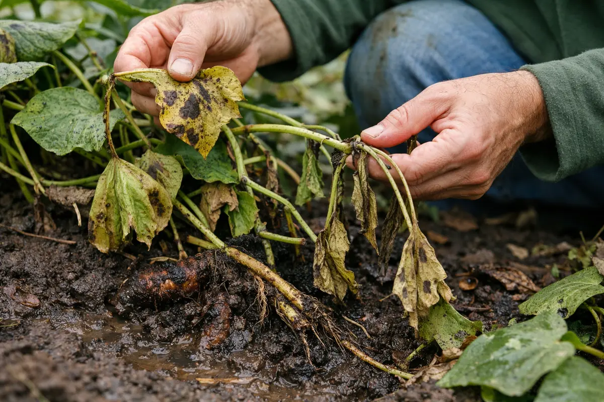 fixing wilting sweet potatoes after heavy with damaged foliage in outdoor soil