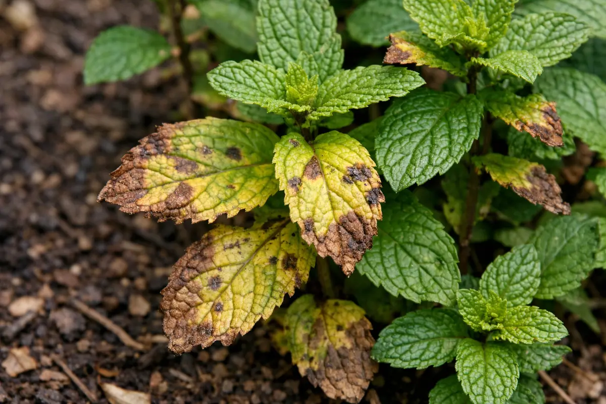 fixing yellowing leaves on mint with visible browning or spots on leaves