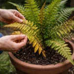 fixing yellowing leaves on potted fern with damaged foliage in outdoor soil
