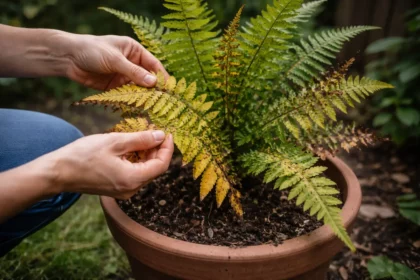 fixing yellowing leaves on potted fern with damaged foliage in outdoor soil